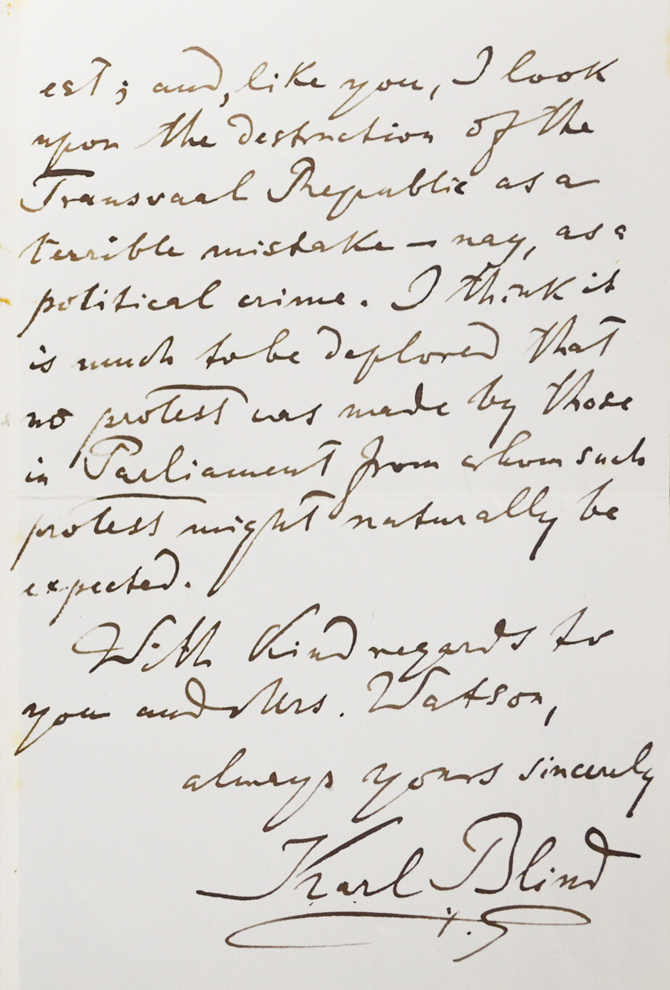 letter from German revolutionist and writer Karl Blind to Robert